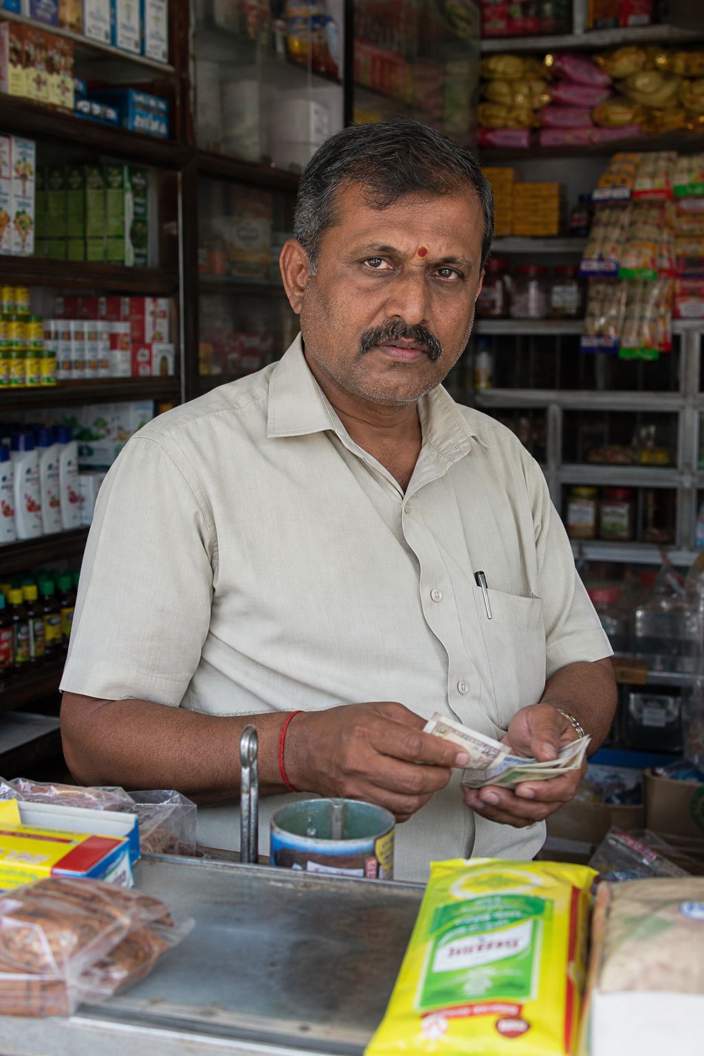 A shopkeeper behind the counter looking up from work.