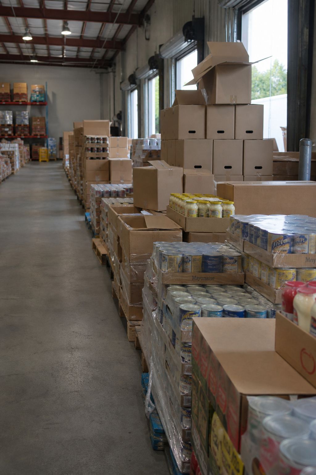 Grocery cartons stacked in a warehouse aisle.
