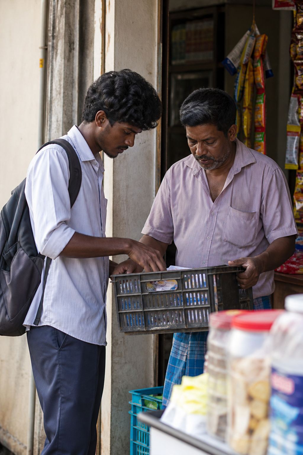 A delivery worker and a shopkeeper talking at a shop door.