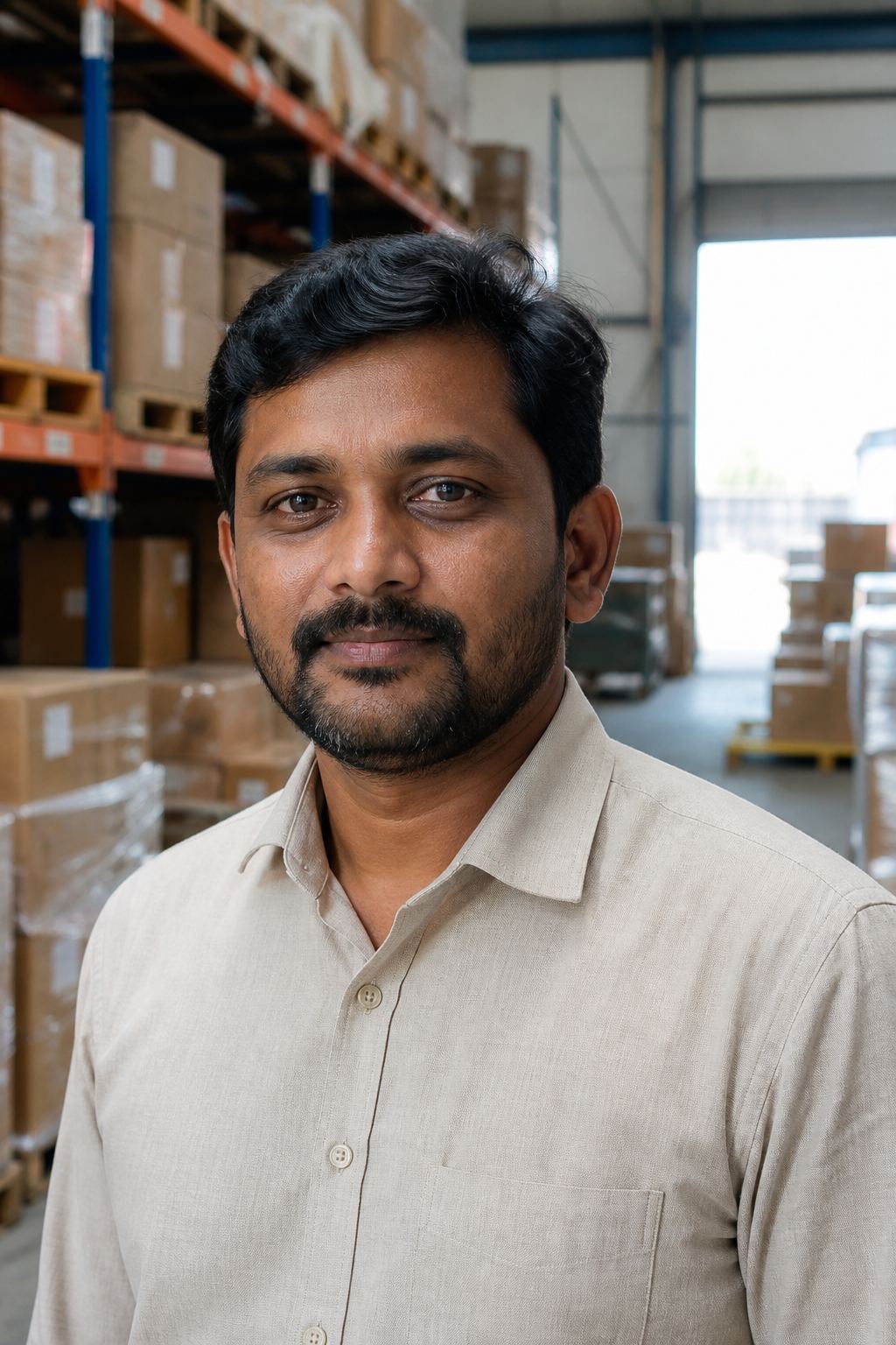 Temporary stand-in photograph of a man in a warehouse. Not a portrait of the Mini Kirana founder.