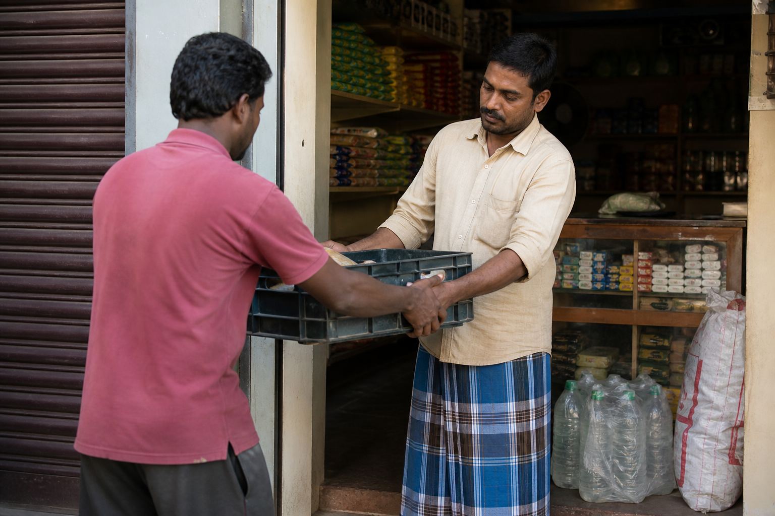 A crate being handed over at a shop doorway.