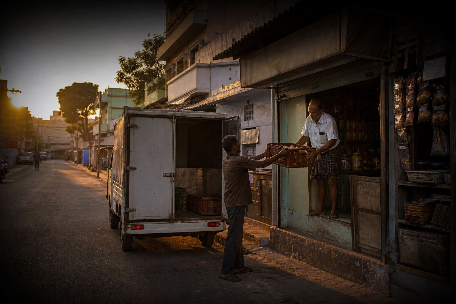 A small white delivery truck at a neighbourhood shop at sunrise, a shopkeeper taking a crate from the street.