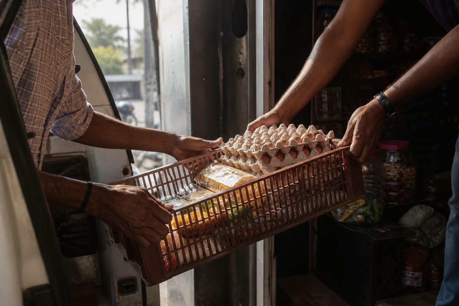 Hands passing a crate of groceries from a van into a shop.