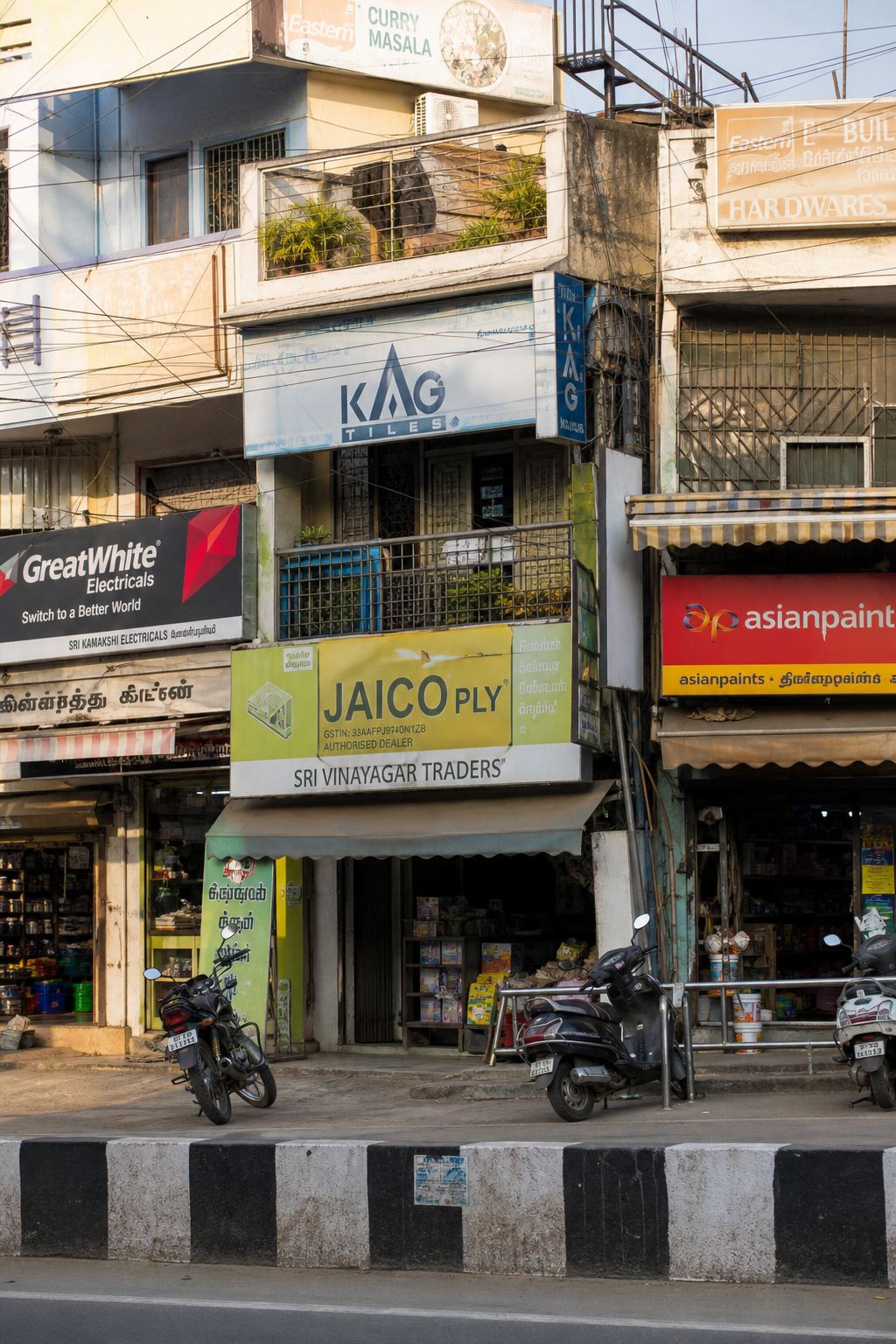 A tight cluster of small shops on one road.
