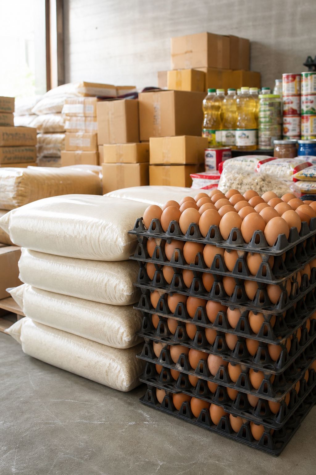 Egg trays in front of other grocery stock.