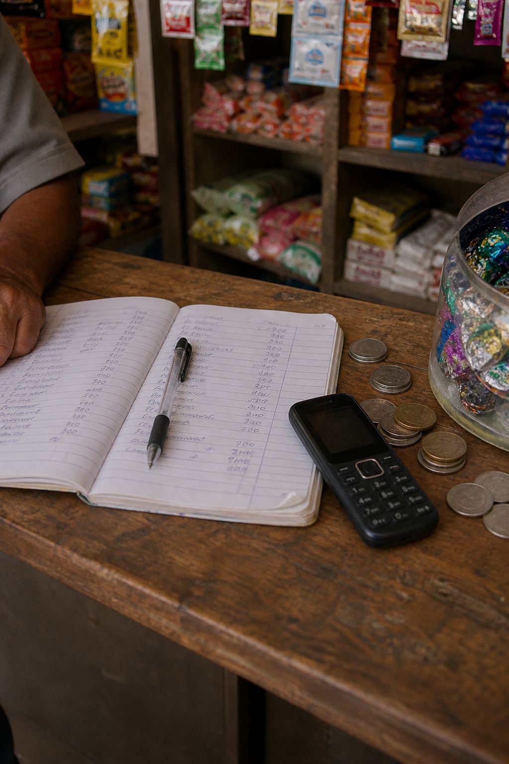 A notebook and a phone on a shop counter.