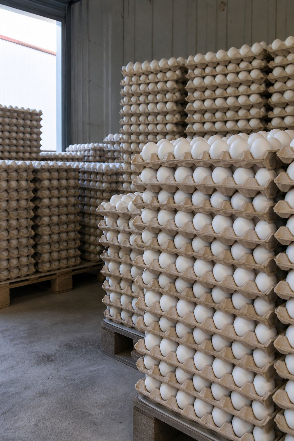 Stacked trays of white eggs in a warehouse.
