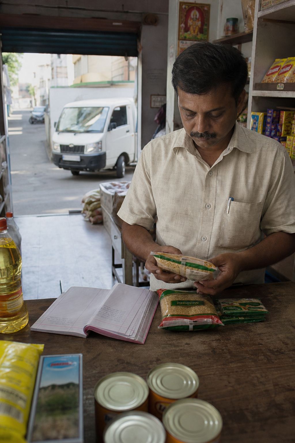 A shopkeeper counting stock at a counter, a van visible through the doorway.