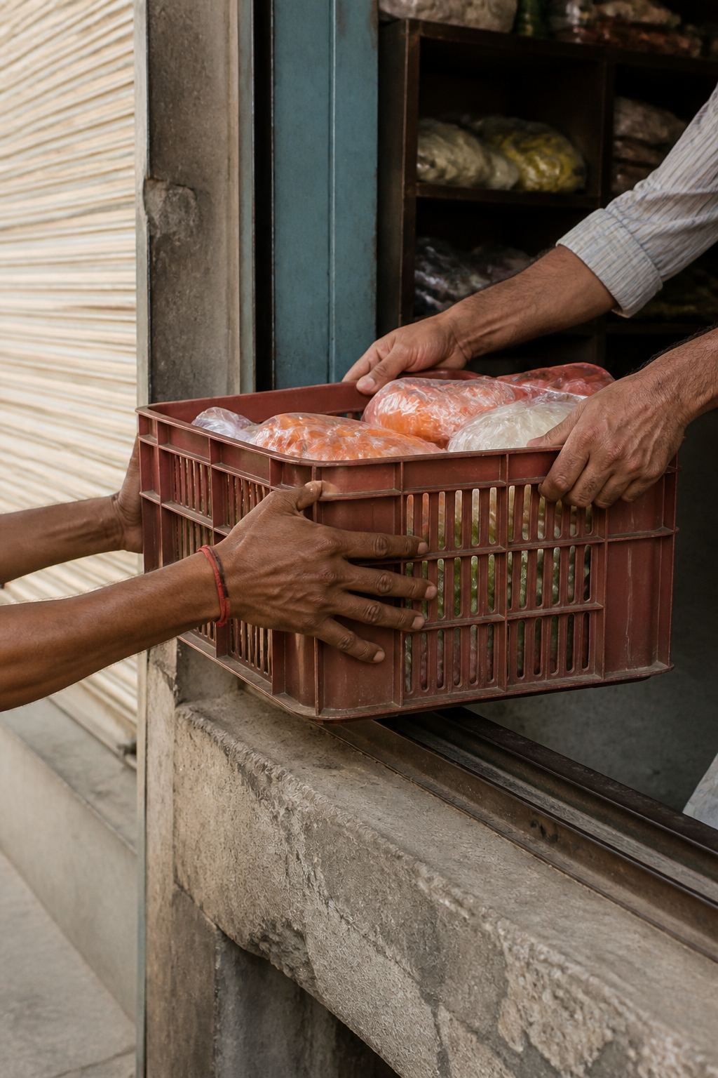 Hands passing a crate across a shop doorway.