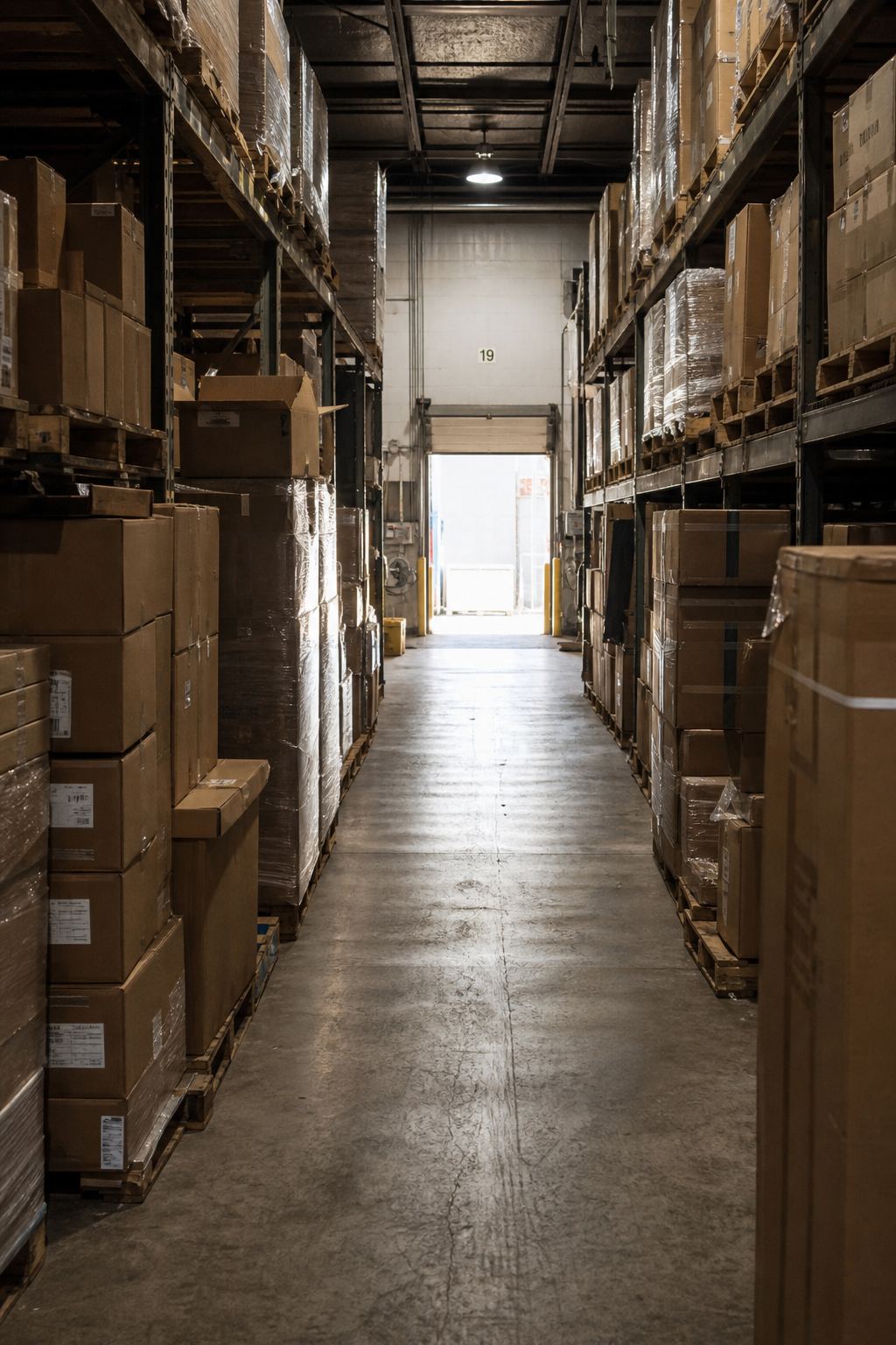 A warehouse aisle stacked with cases, daylight at the far door.