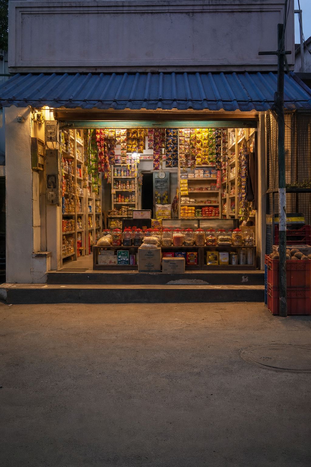 A neighbourhood shop at dusk with the shutter up and warm light inside.