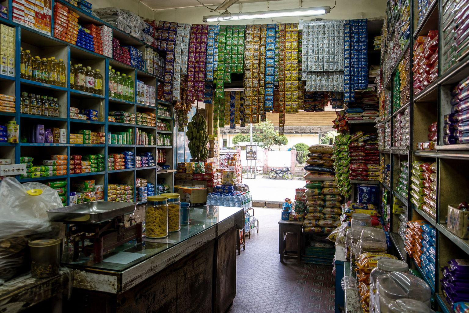 Ordered shelves inside a neighbourhood grocery.