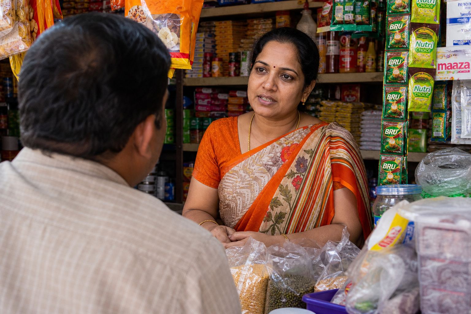 A shopkeeper speaking with a customer at the counter.