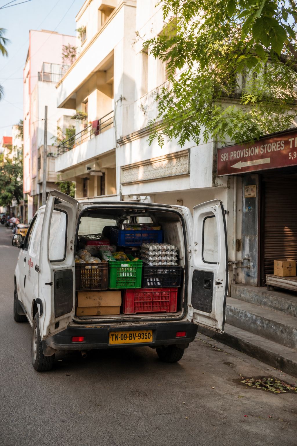 An open delivery van on a residential street with crates inside.