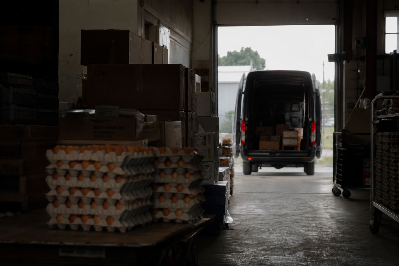 A dim warehouse at load-out with cases and an open dock.