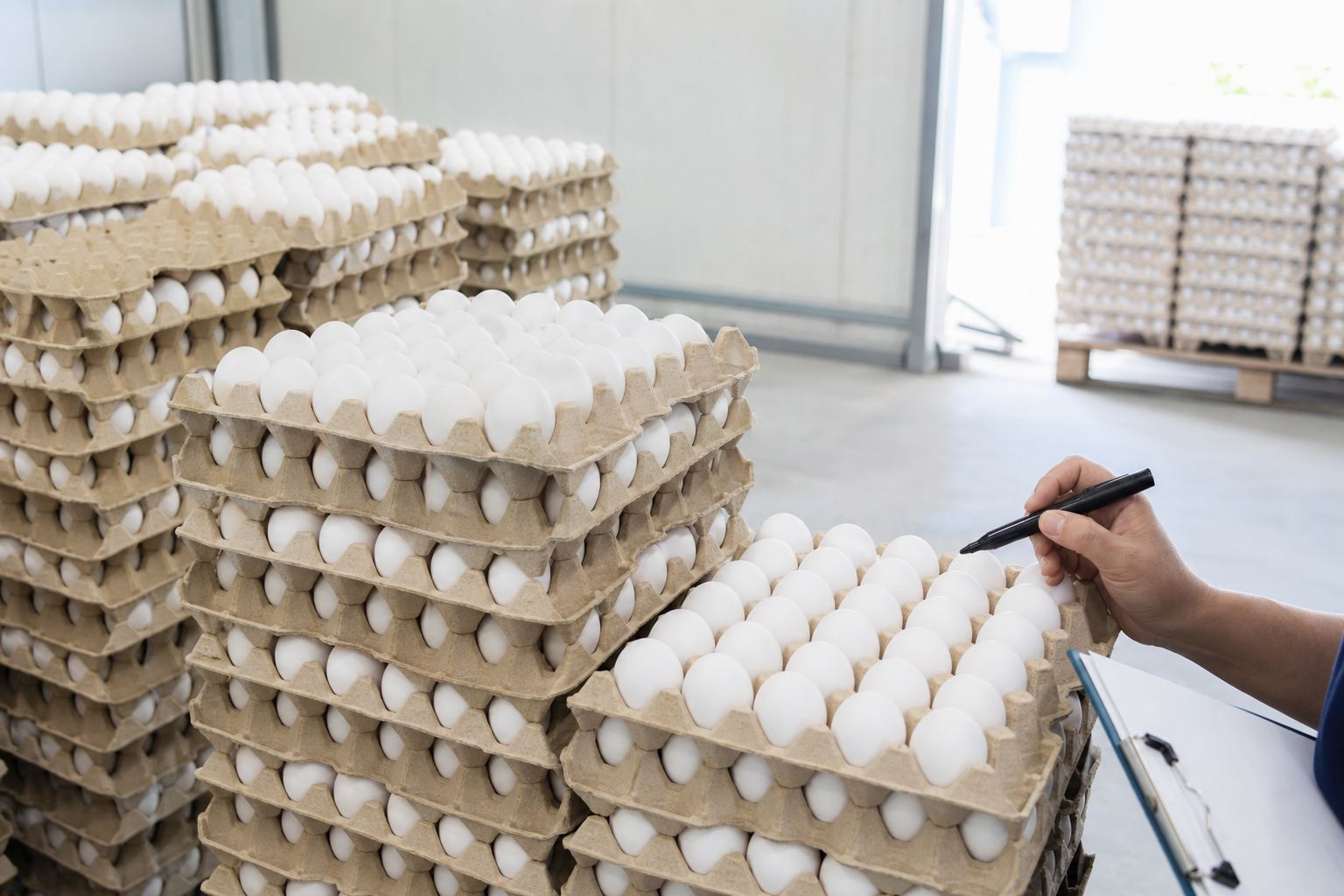 Stacked egg trays being counted in a warehouse.