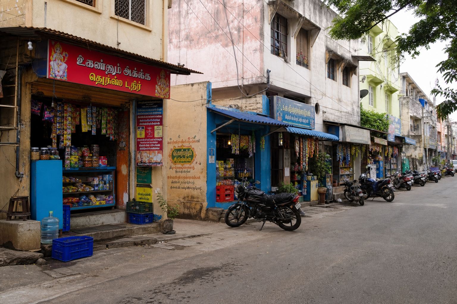 Several neighbourhood shops along a busy Chennai street.