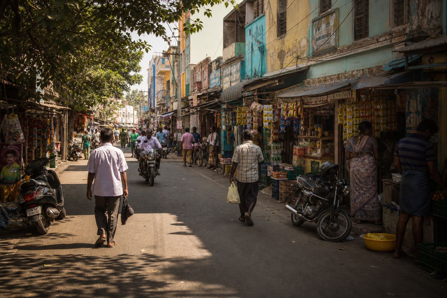 An open street of neighbourhood shops during working hours.