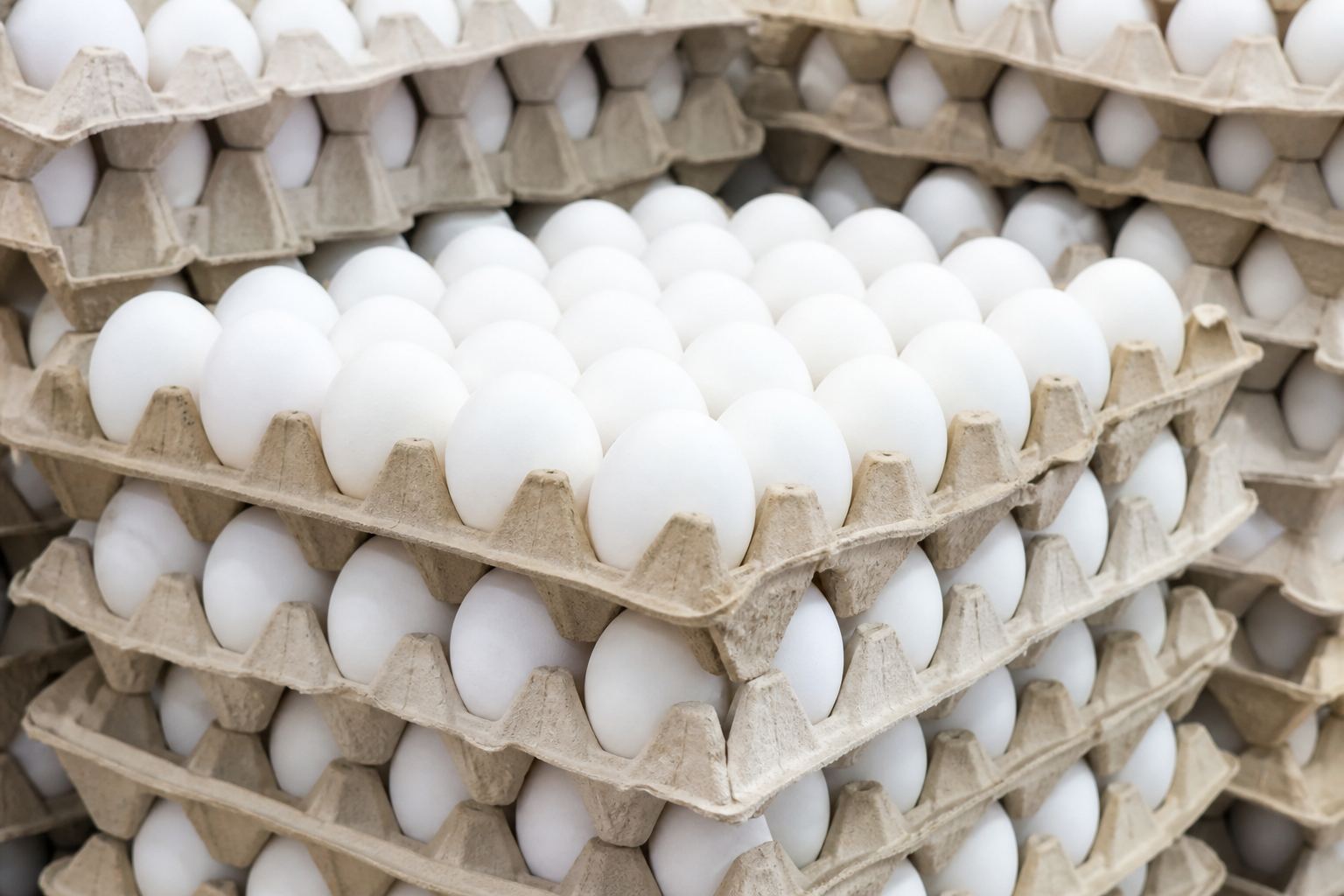 Close view of stacked trays of white eggs.