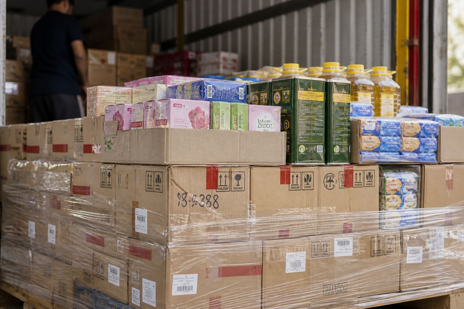 Grocery cartons on a pallet in a warehouse.