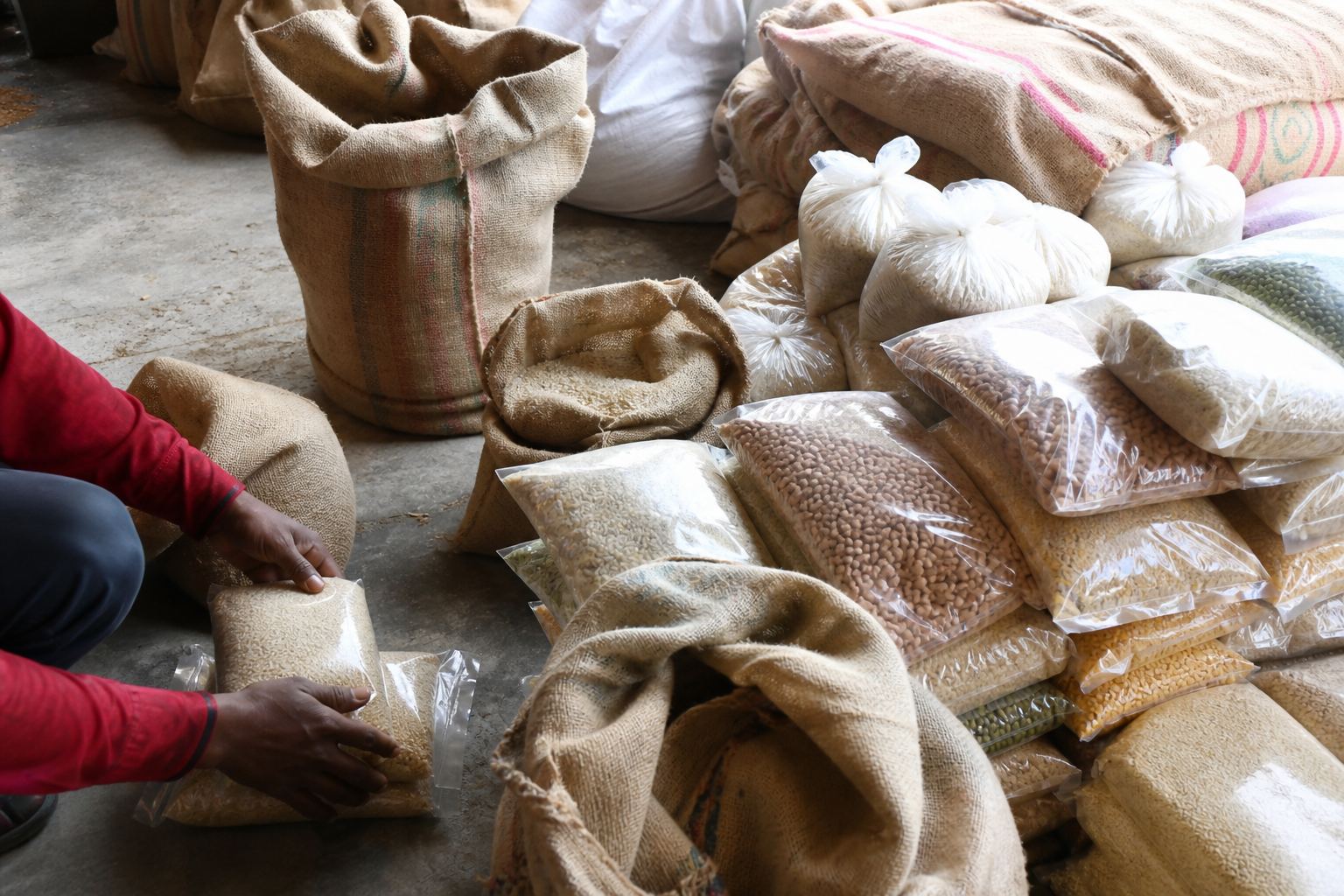 Sacks of rice and staples on a warehouse floor.