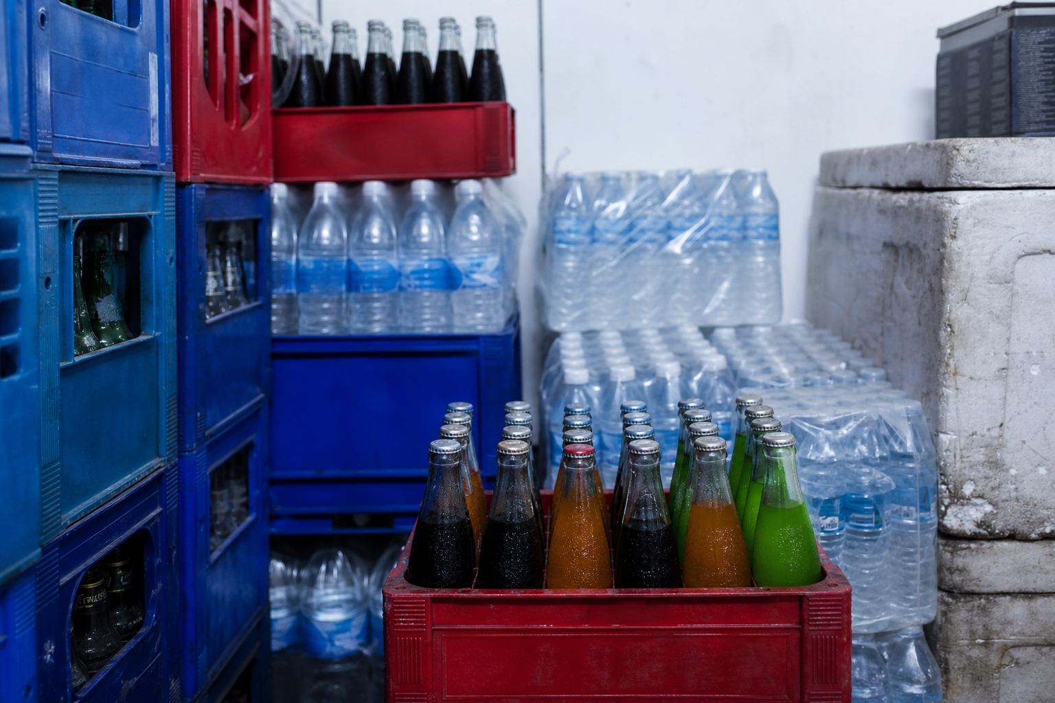 Beverage crates stacked in a store.