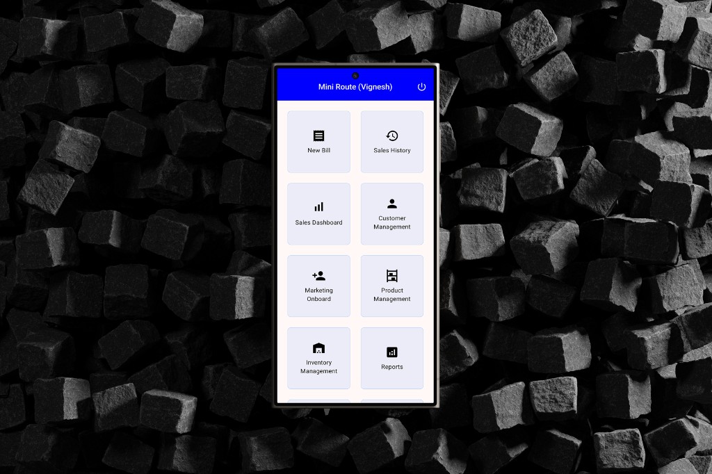 MiniRoute Android on a phone, showing home tiles for new bill, sales history, customers, marketing onboard, products, inventory, and reports.