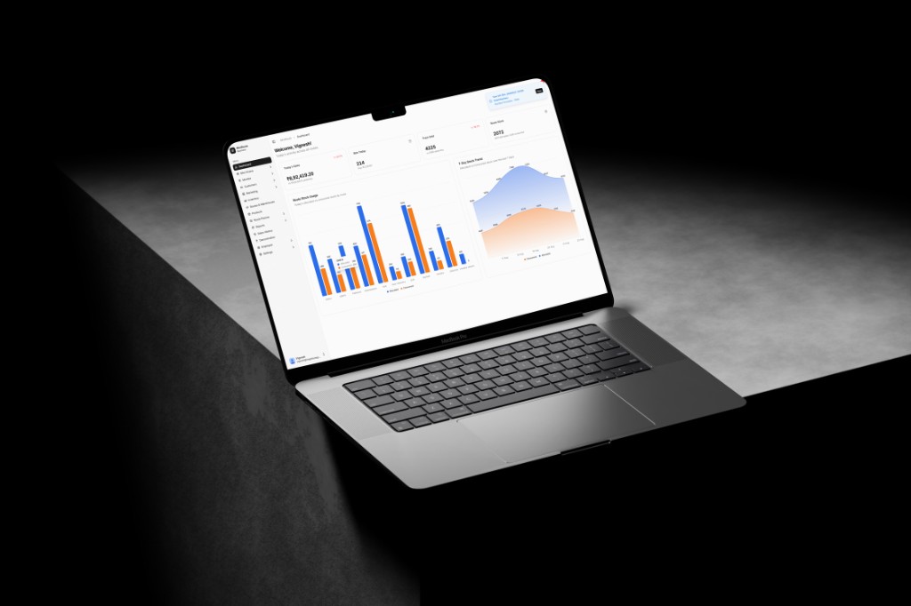 MiniRoute web on a laptop, showing the operations dashboard with sales figures, route stock usage, and a seven day sales trend.